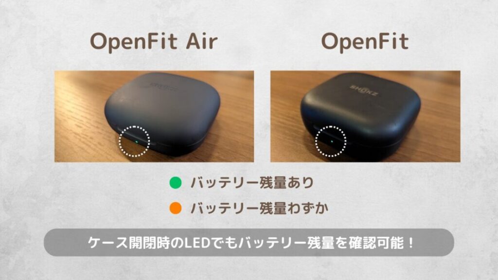 shokz OpenFitAir OpenFit 比較 ケースでバッテリー残量を確認可能