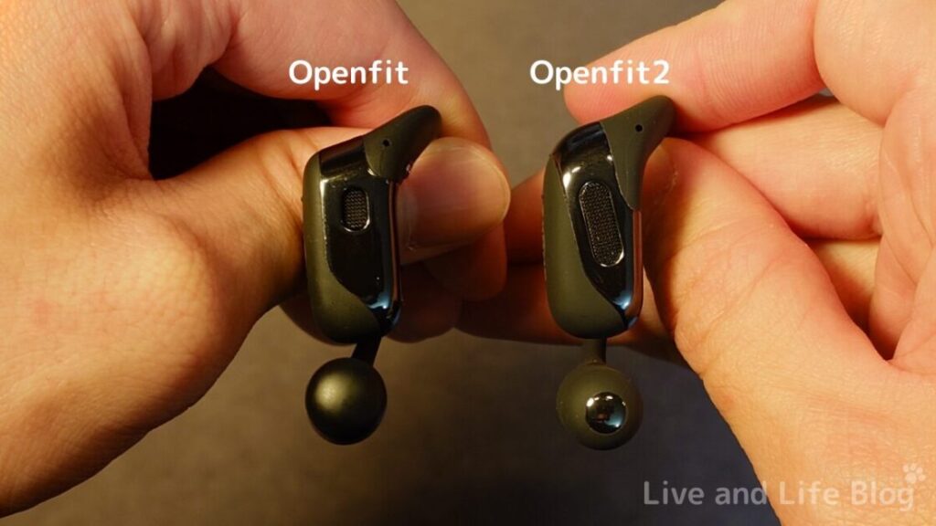 shokz openfit2 レビュー イヤホン外観の比較 イヤーフック末端部（Openfit vs. Openfit2）