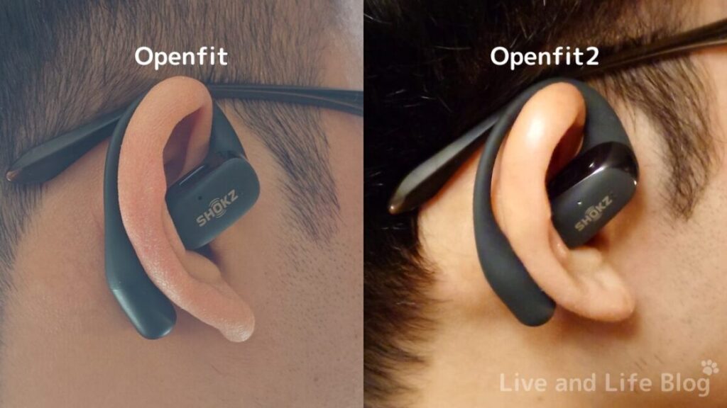 shokz openfit2 レビュー 装着図の比較（Openfit vs. Openfit2）