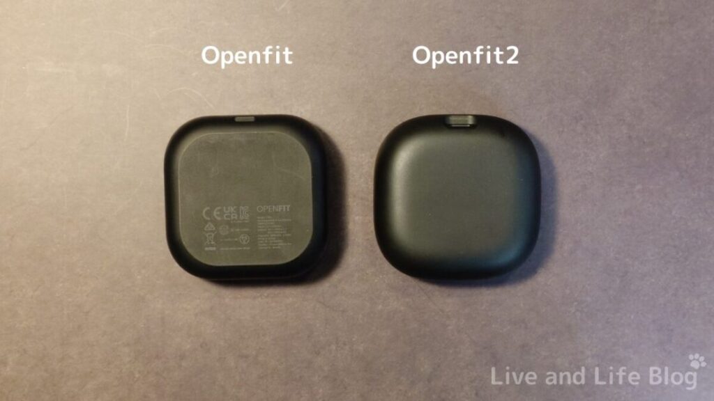 shokz openfit2 レビュー 充電ケース裏面の比較（Openfit vs. Openfit2）