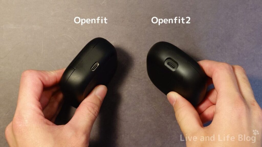 shokz openfit2 レビュー 充電ケース type-cコネクタ部の比較（Openfit vs. Openfit2）